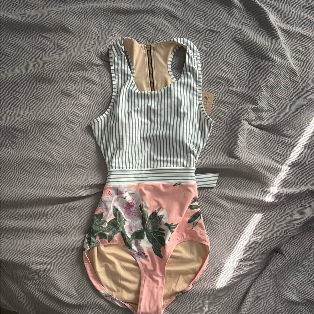 Albion Striped and Floral One Piece Swimsuit - Pink and White